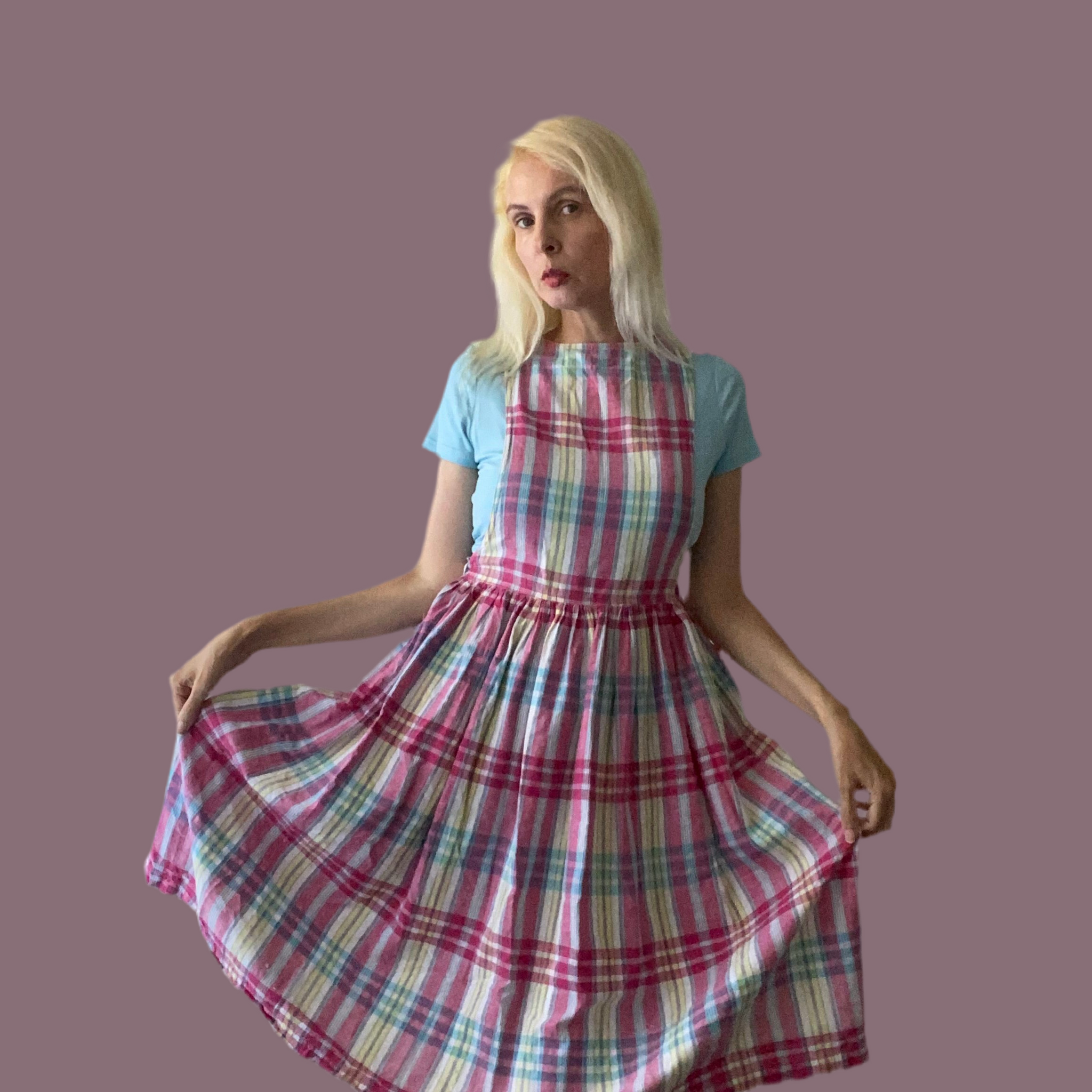 80s Vintage Plaid Pockets Button Strap Pinafore Dress S