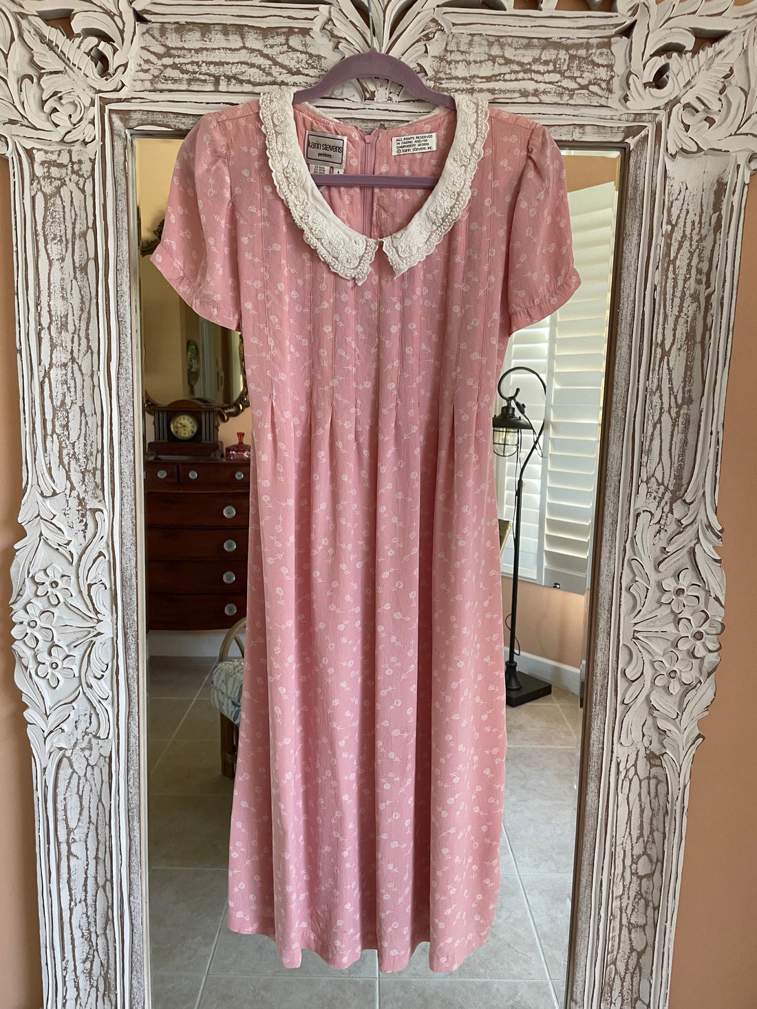 Vintage 70s Pink Floral Lacy Faux Pearl White Collar Midi Dress Sm