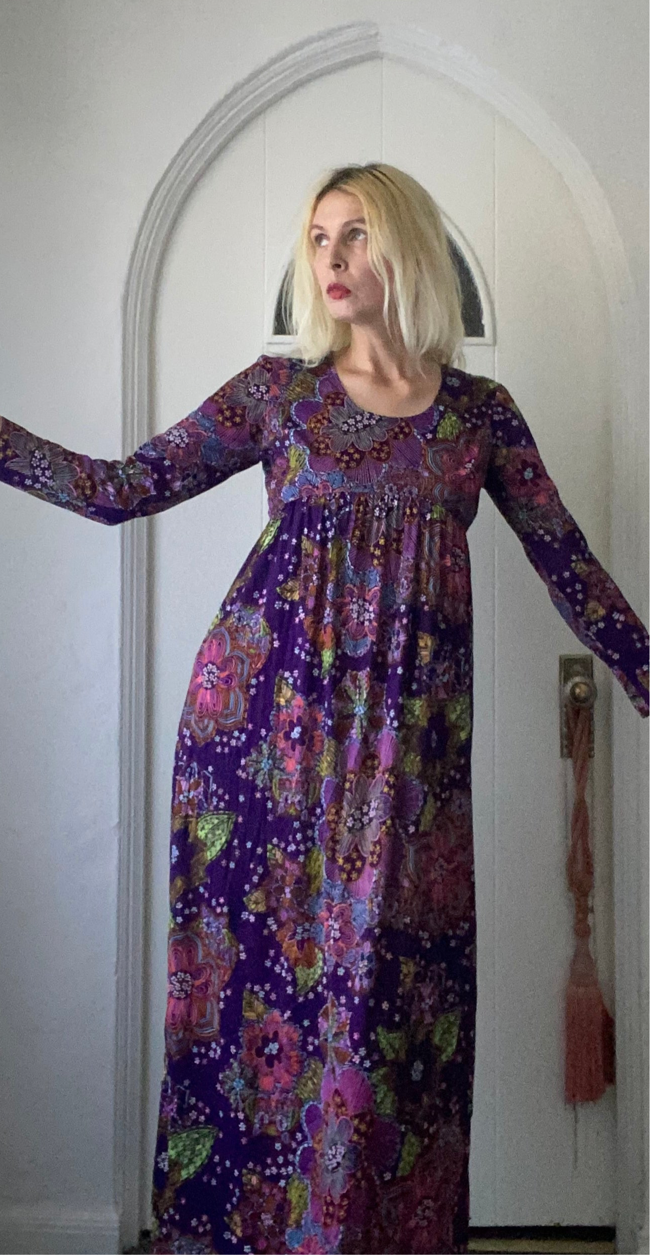  70s Vintage Handmade Purple Floral Print Poly Empire Waist 20” Side Slits Back Zip Maxi Dress S