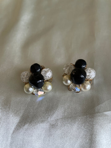 50s Cluster Beaded Black Faux Pearl Beads Clip Earrings