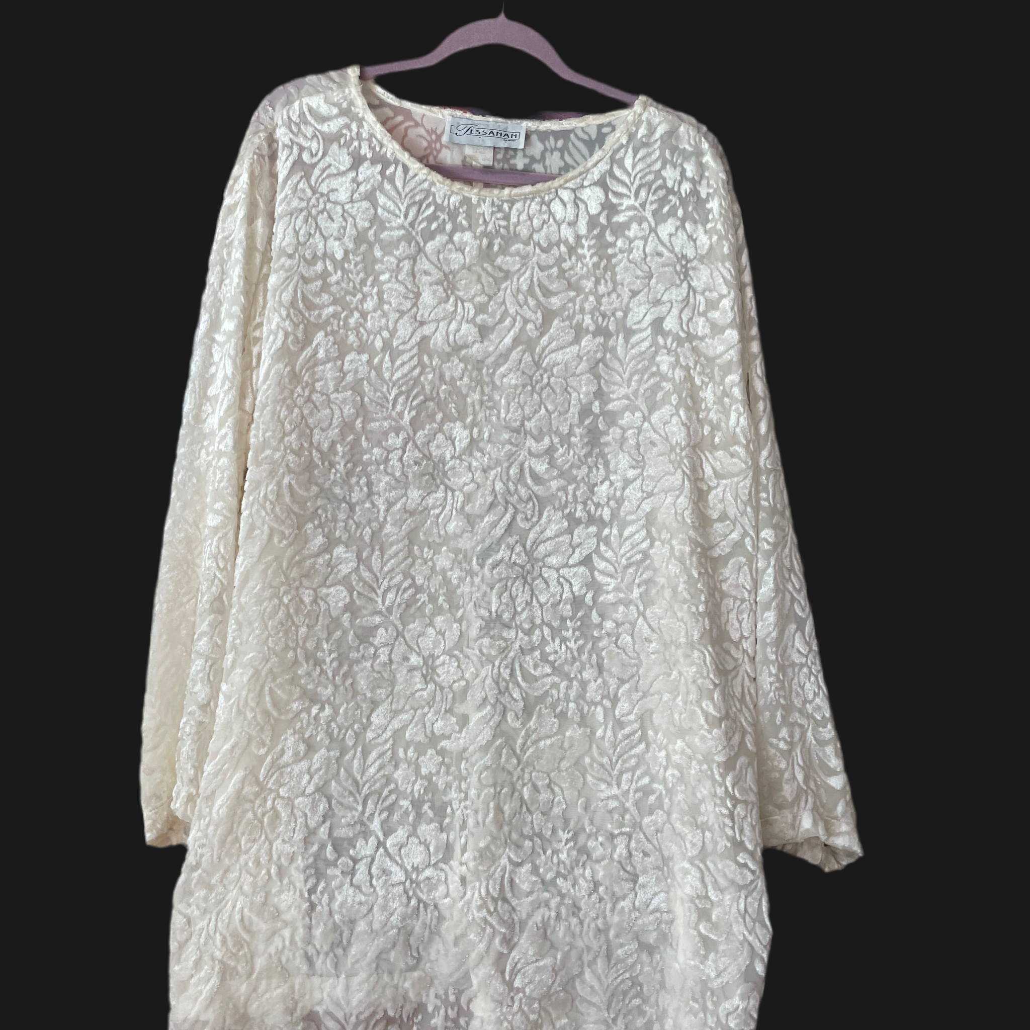 Velvety Floral Design Sheer White Roomy Top Plus Size