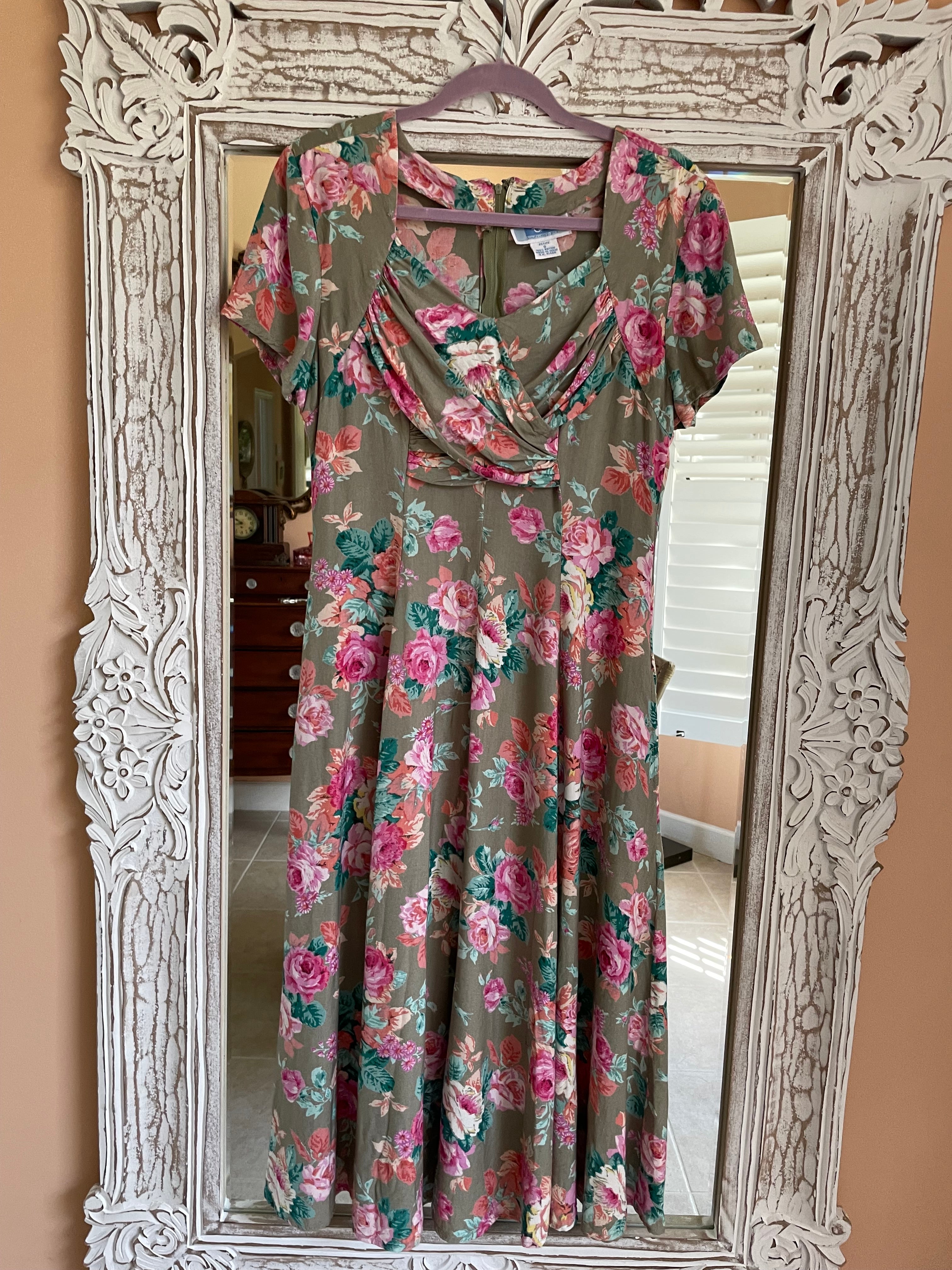 80s Vintage Pink Floral Rayon Side Pockets Midi Dress Size 8 M