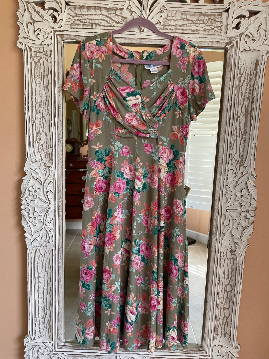 80s Vintage Pink Floral Rayon Side Pockets Midi Dress Size 8 M