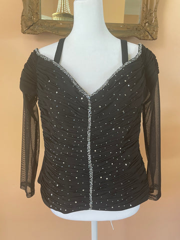 Victor Costa Black Poly Silvery Crystal Accents Ruched Glam Top M