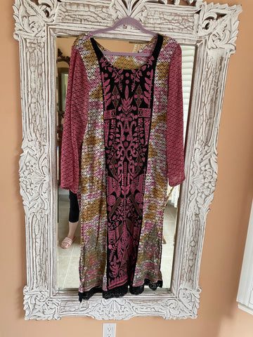 Mix of Prints Lace Embroidery Side Slits Lounge Beach Maxi Caftan Dress M/L