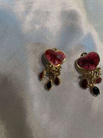 Vintage 1980s Red Heart Dangling Beads Clip Earrings