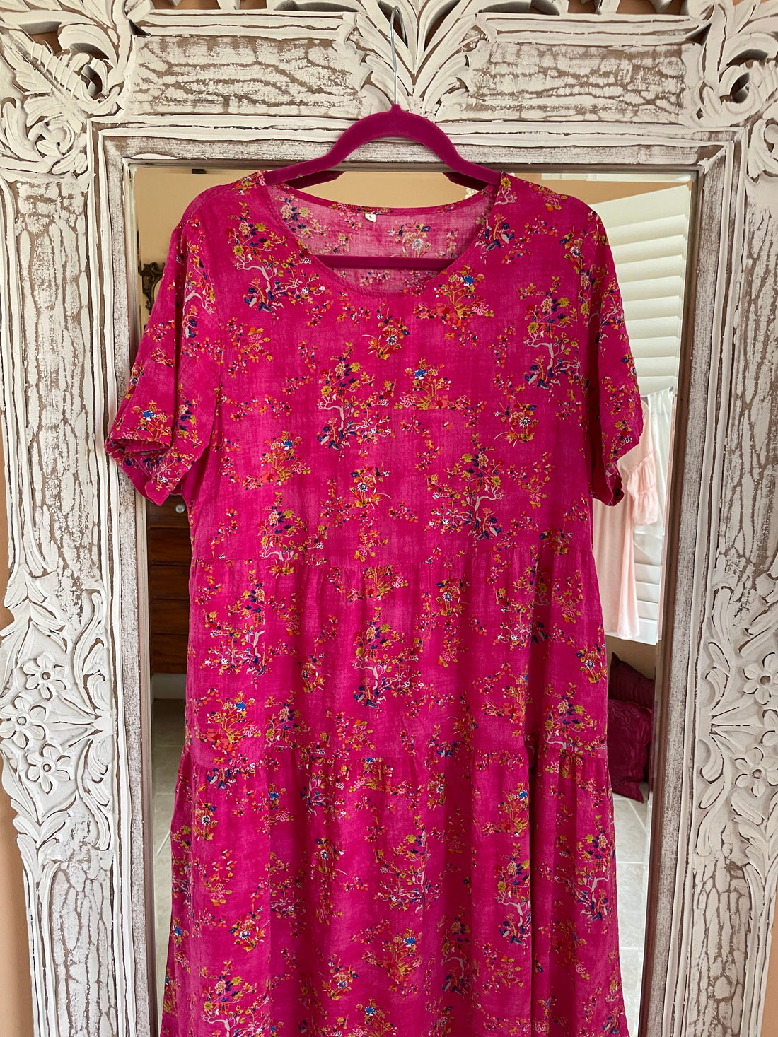 2000s Floral Print Cotton Rayon Loose Fit Tiered Casual Out & About or House Dress L