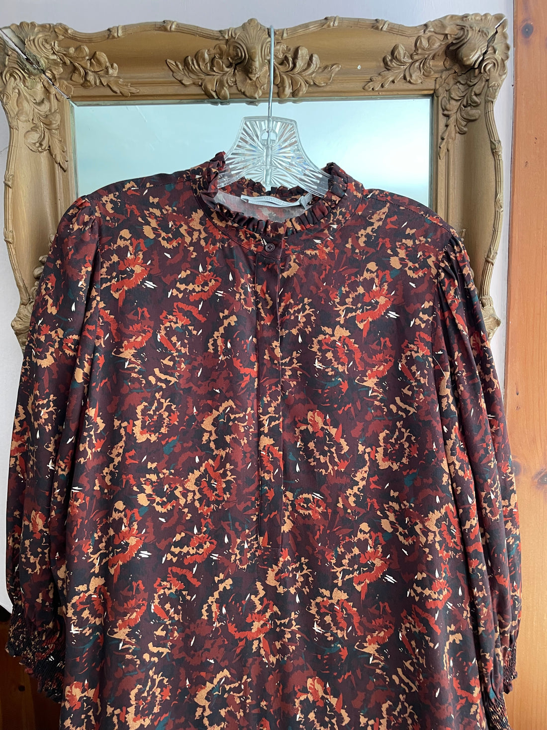 Loose Fit Brown Floral Accordion Design Ruffle Collar Pockets Viscose Dress. M