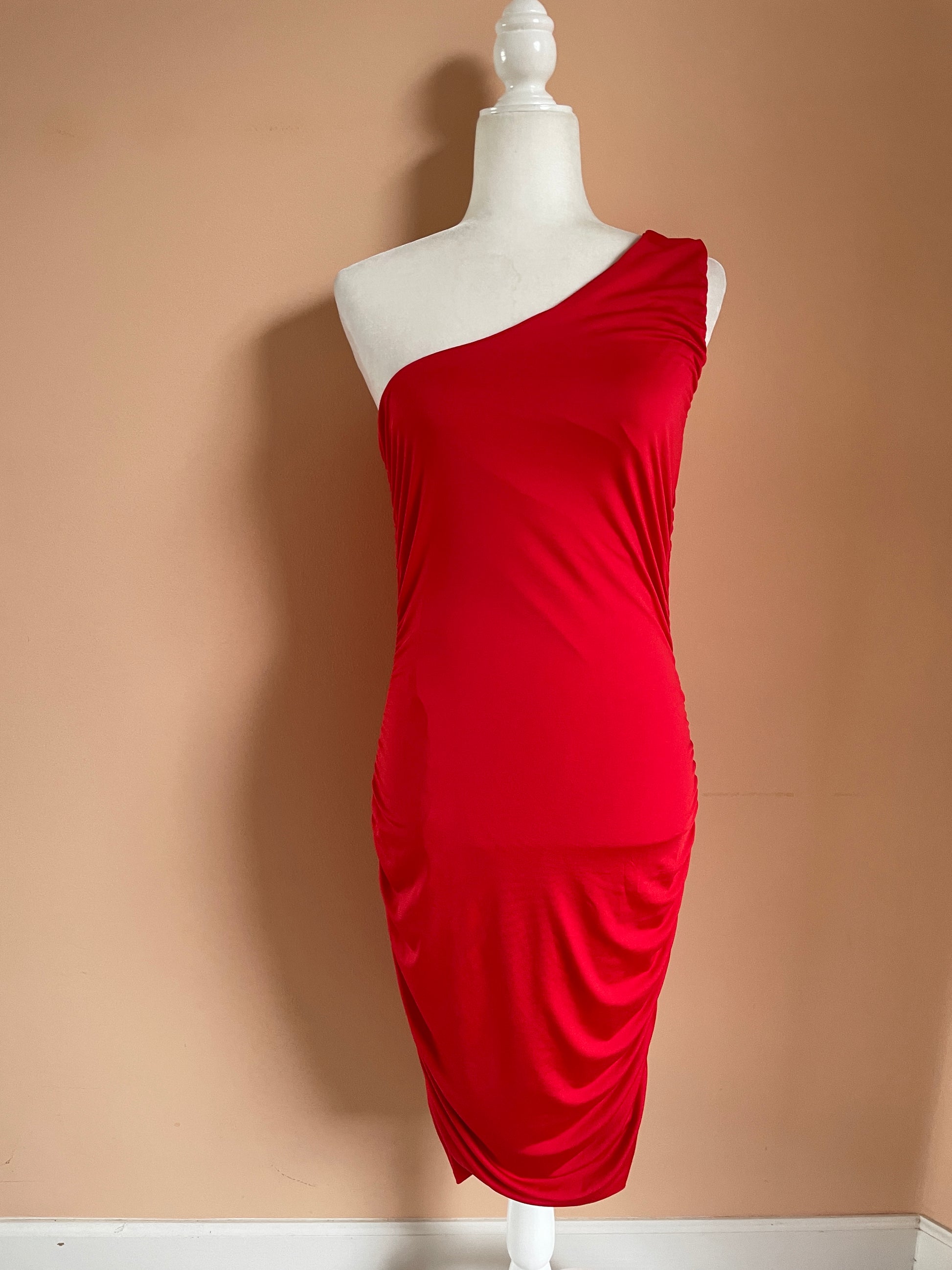 Strapless Red Dress 2000s Red Bodycon Strapless Cold Shoulder Dress M
