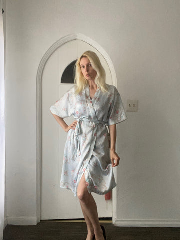 Vintage Aime’e Silky Poly Pastel Floral Belted Wrap Lingerie Lounge Robe. M