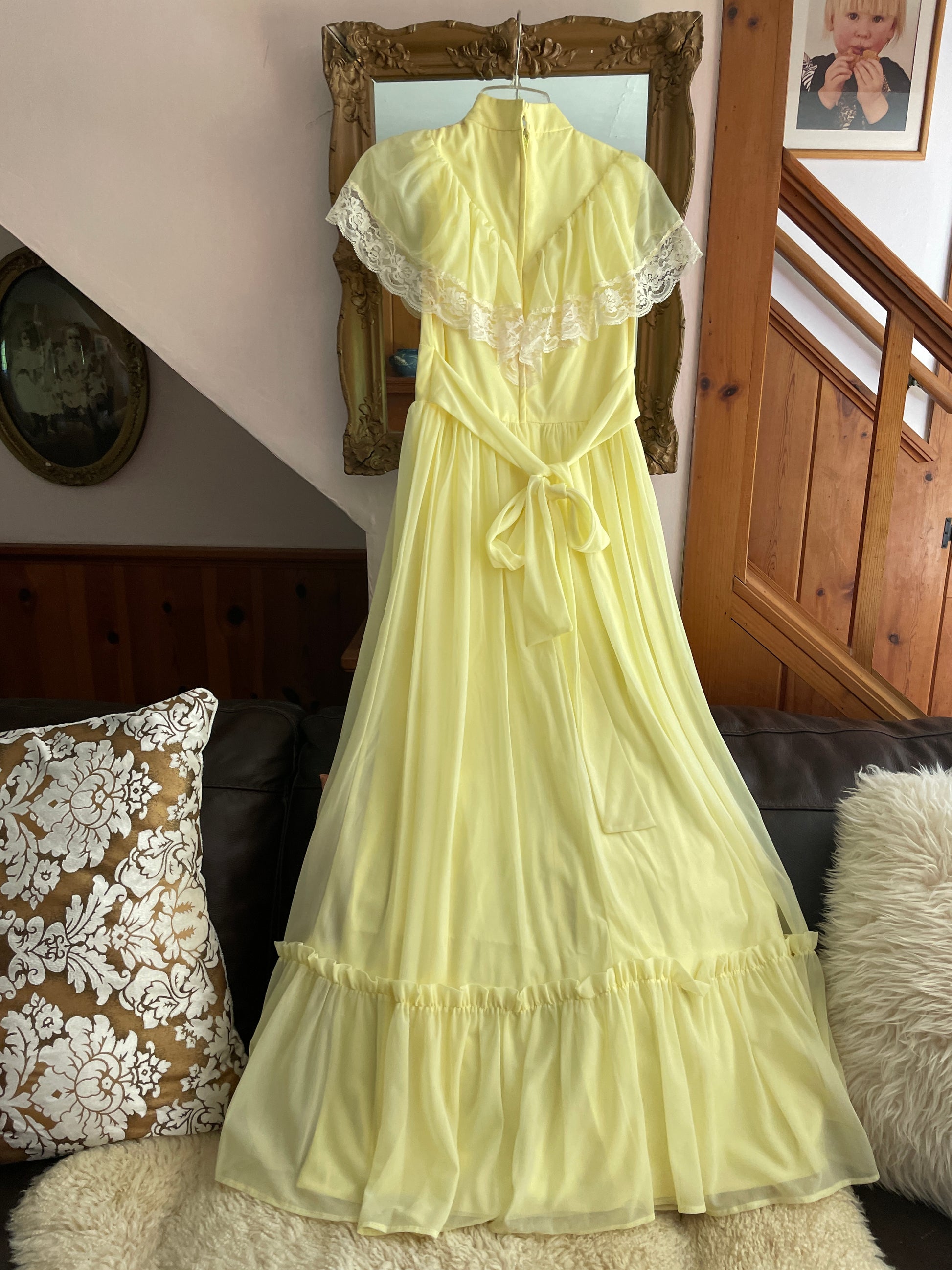  70s Lovely Yellow Sheer Poly Chiffon Lined Lace Bodice Ruffles Tie Back Vintage Prairie Dress S