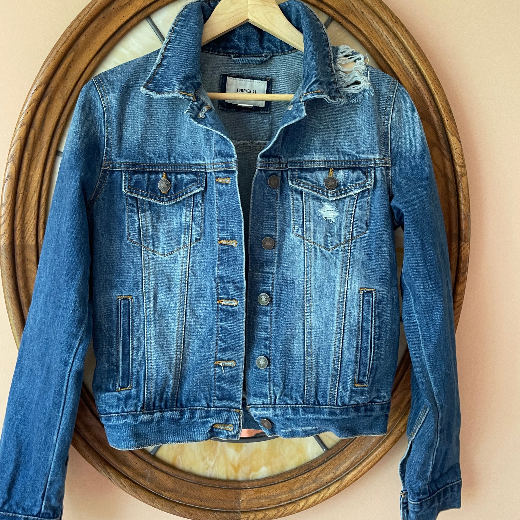 2000s Vintage Forever 21 Tattered Design Cotton Denim Button Front & Cuff Pockets Short Jacket S