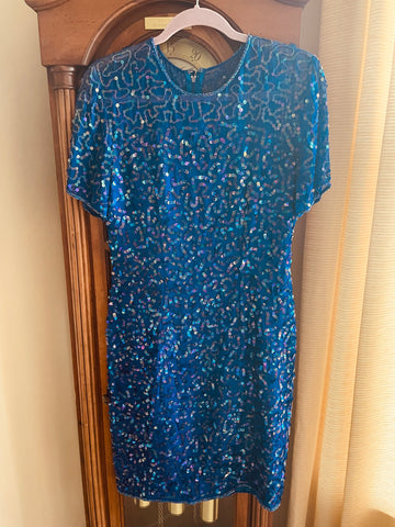 80s Vintage 100% Silk Hand Beaded Sequined Blue Party Dress. Sm. Size 4