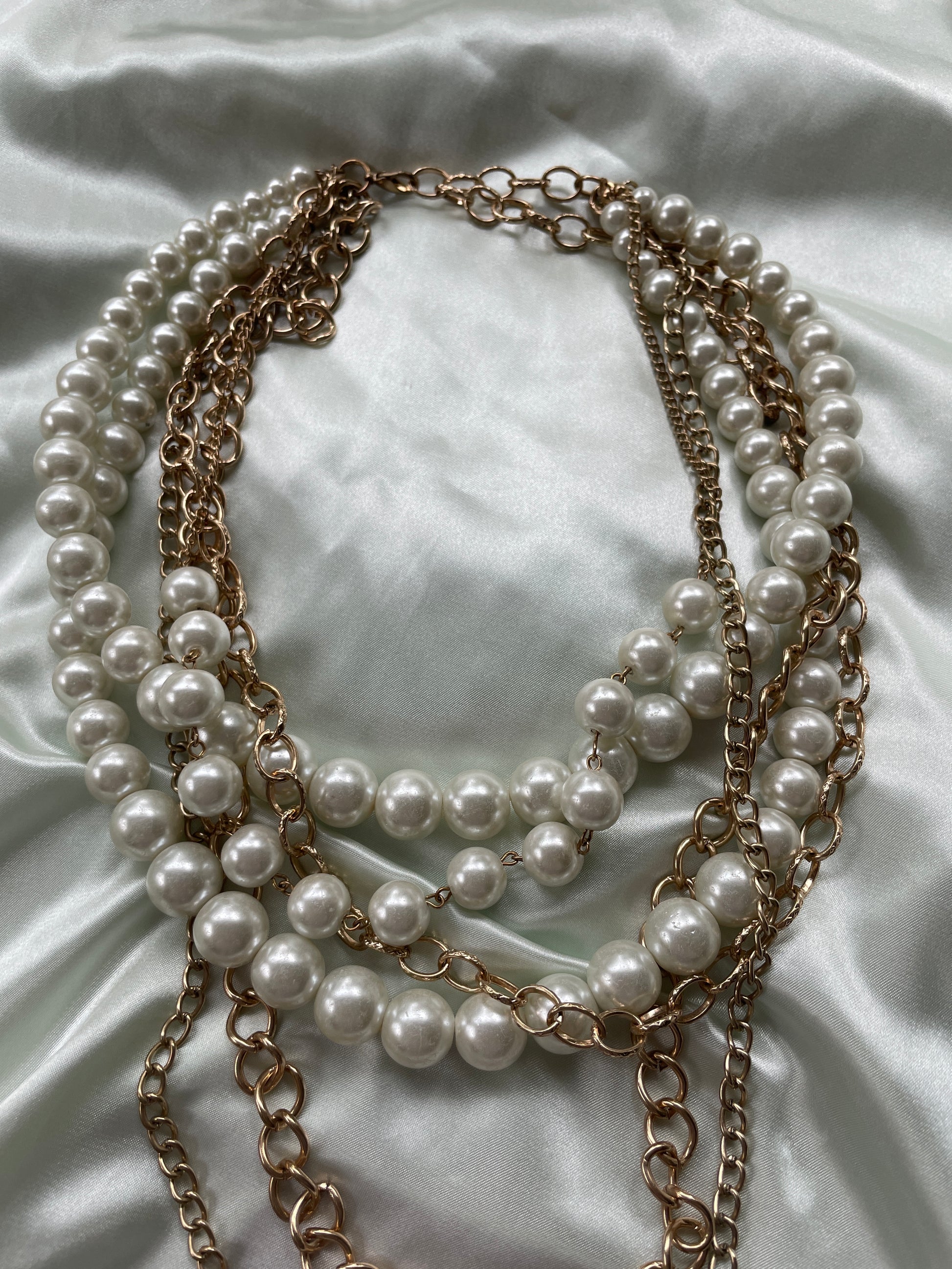  Multiple Layered Chains Faux Pearl 2000 Costume Statement Necklace