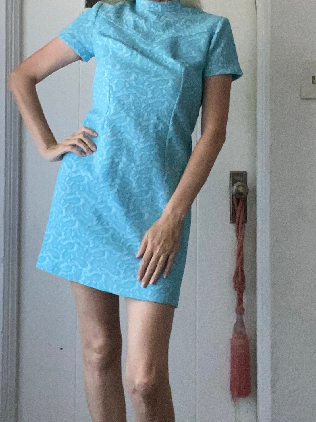 Vintage 60/70’s Handmade Blue Textured Paisley Print One of a Kind Short Dress Sm