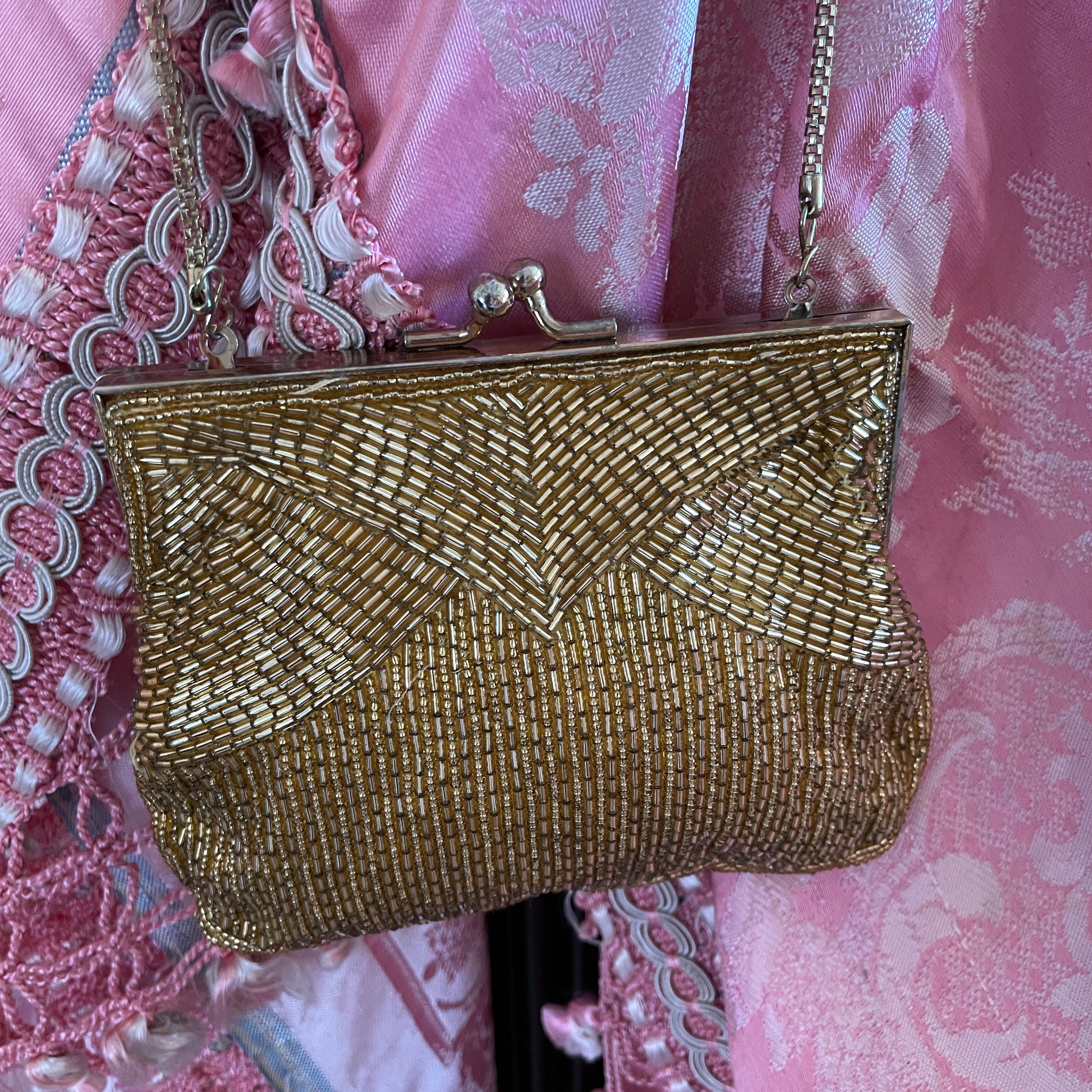 50s Vintage Golden Beaded Crossbody Clutch Evening Bag