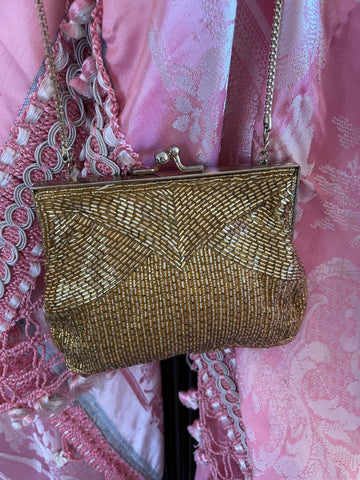 50s Vintage Golden Beaded Crossbody Clutch Evening Bag