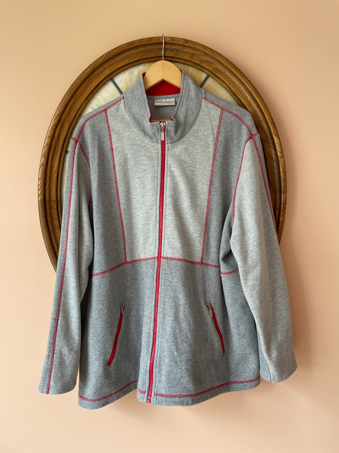 90s Vintage Gray Cotton Poly Red Accent Zip Front Casual Jacket – Unisex Retro Style