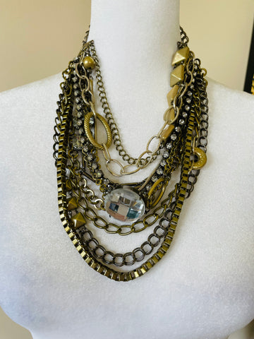 Brass Tone Mix of 10 Chains Cascading Statement Choker Necklace