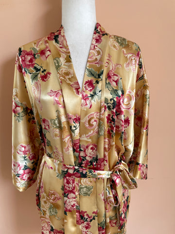 90s Golden Floral Print Sophia Delicates Silky Wrap Lingerie Robe M