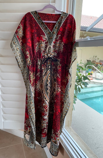 By the Pool 2000s Boho Casual Red Print Lounge Caftan free size