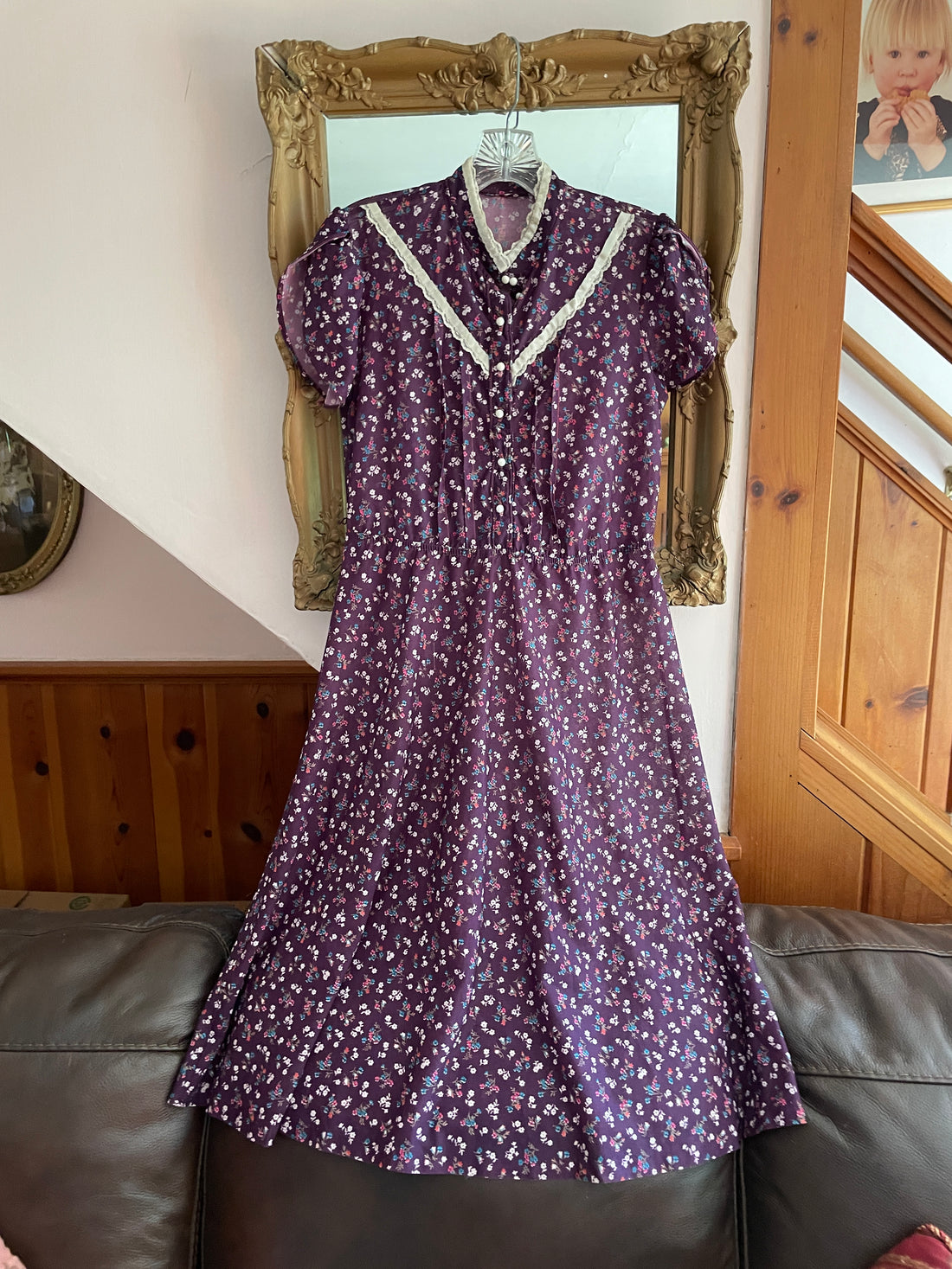 70s Vintage Handmade Purple Floral Print Poly Short Sleeve Collar Pleated Bodice Peasant Style Dress S