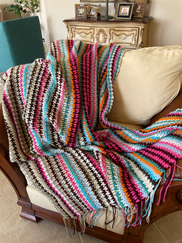 2000s Handmade Knit Multicolor Acrylic Fringed Home Decor Throw Blanket