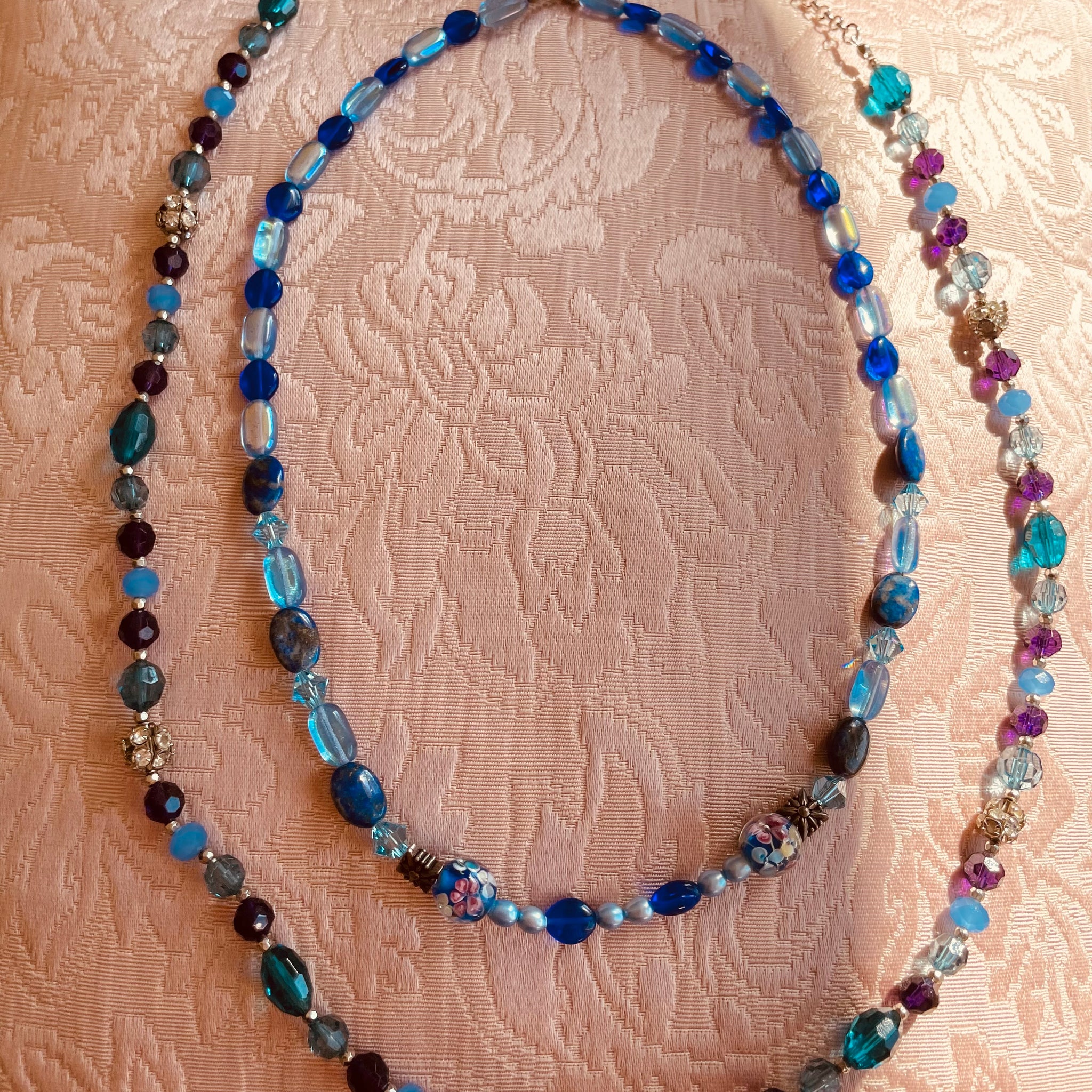 2 Handmade Shades of Blue Glass Acrylic Beads Necklaces