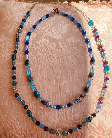 2 Handmade Shades of Blue Glass Acrylic Beads Necklaces