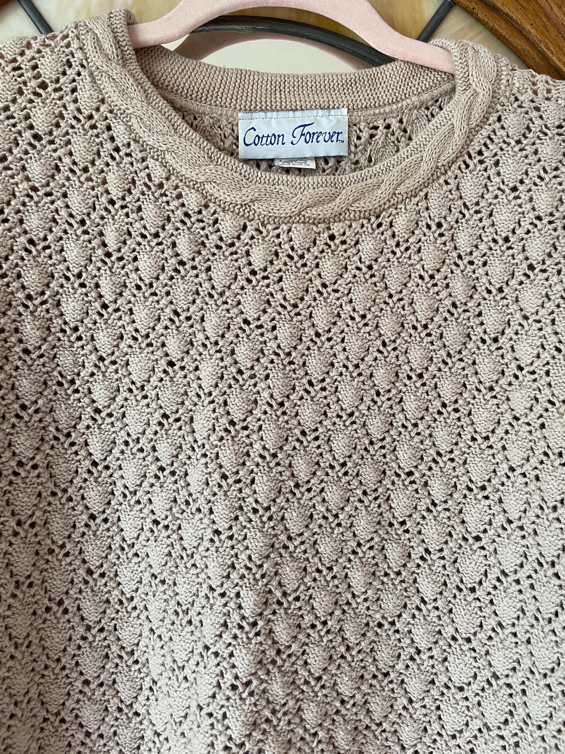  90s Beige Cotton Knit Long Sleeve Pullover Sweater L
