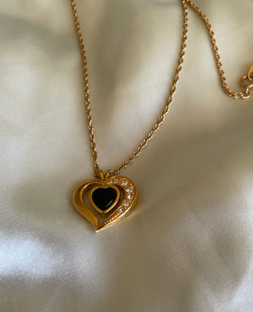 90s Avon Black Glass Crystal Open Heart Pendant Necklace