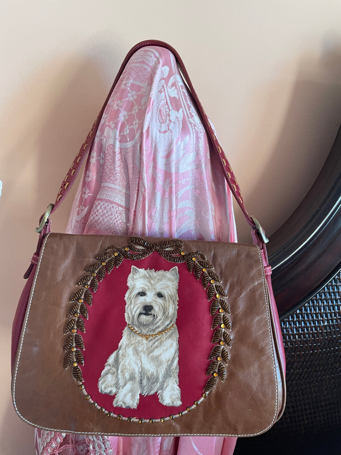 80s Vintage Isabella Fiore Italy Brown Leather Westie Terrier Bead Embellishment Buckle Strap Bag.