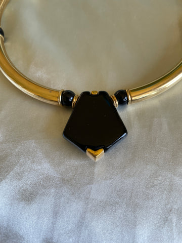80s Art Deco Style Gold Brass Tubular Black Cabochon Statement Choker Necklace