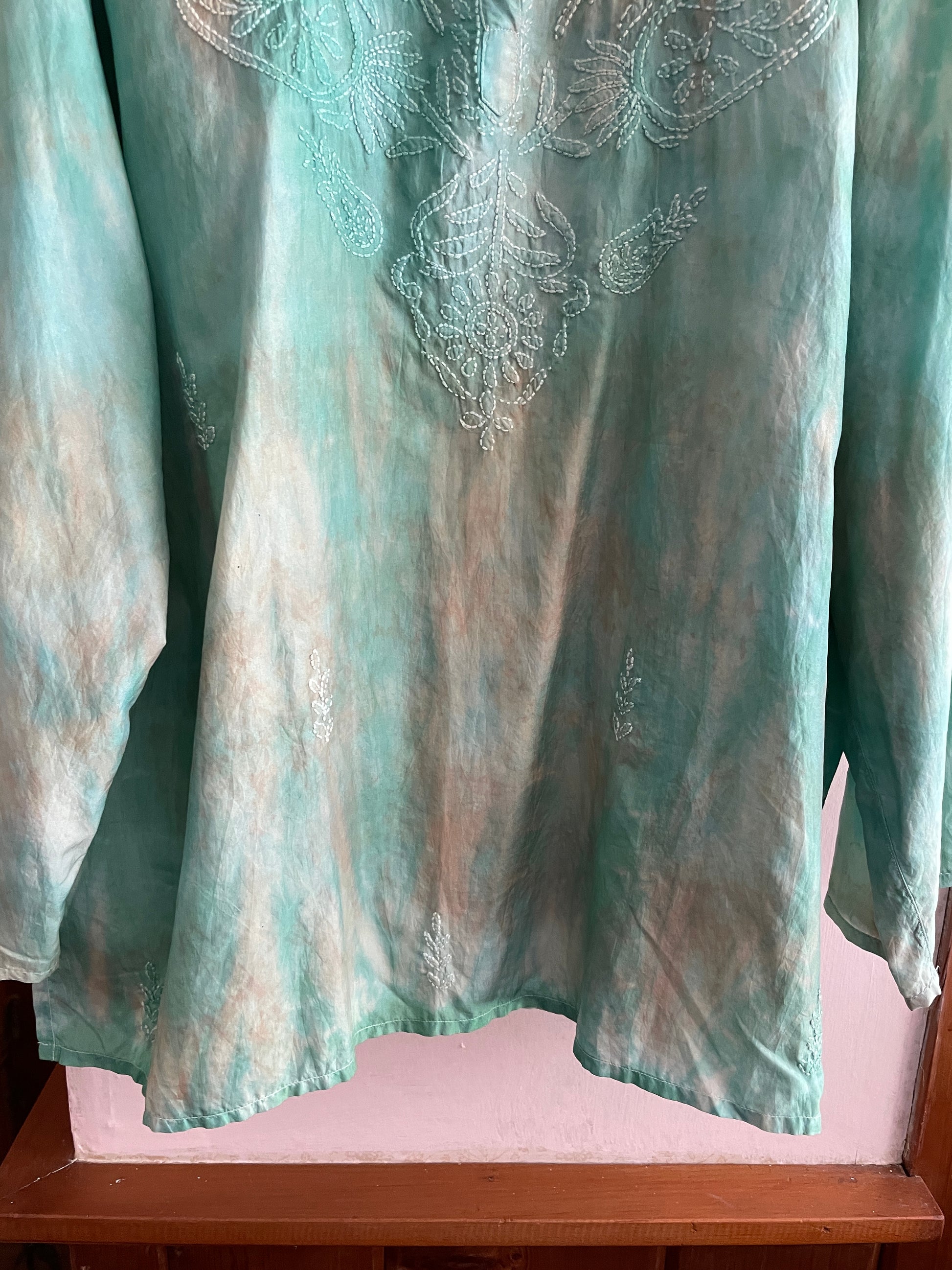  2000s Green Silk Space Dye Embroidered Boho Casual Top L