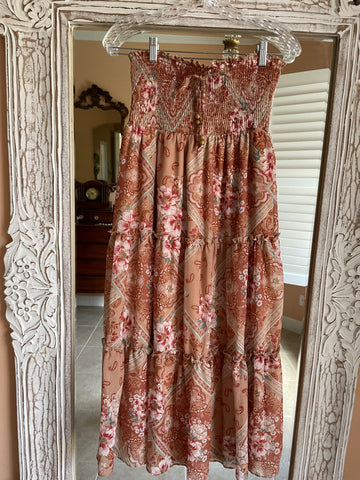 2000s Poly Floral Paisley Tiered Boho Maxi Skirt or Strapless Dress M