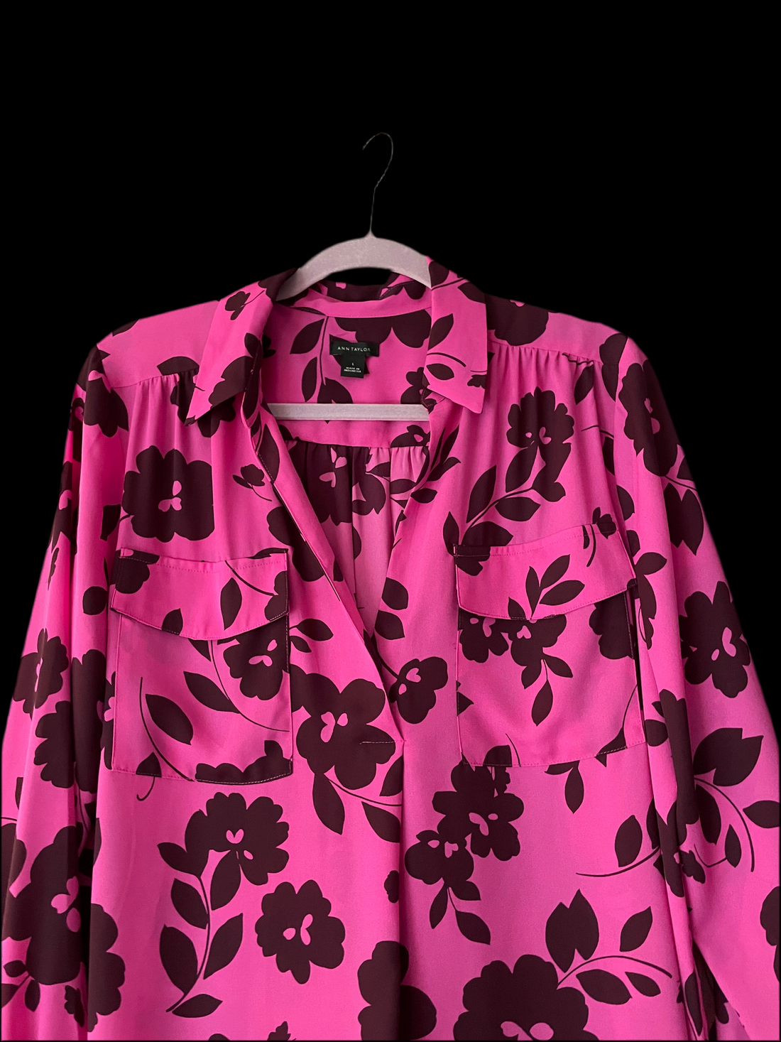 Flower Style 2000s Silky Poly Cuffed Pockets Loose Fit Blouse Lg
