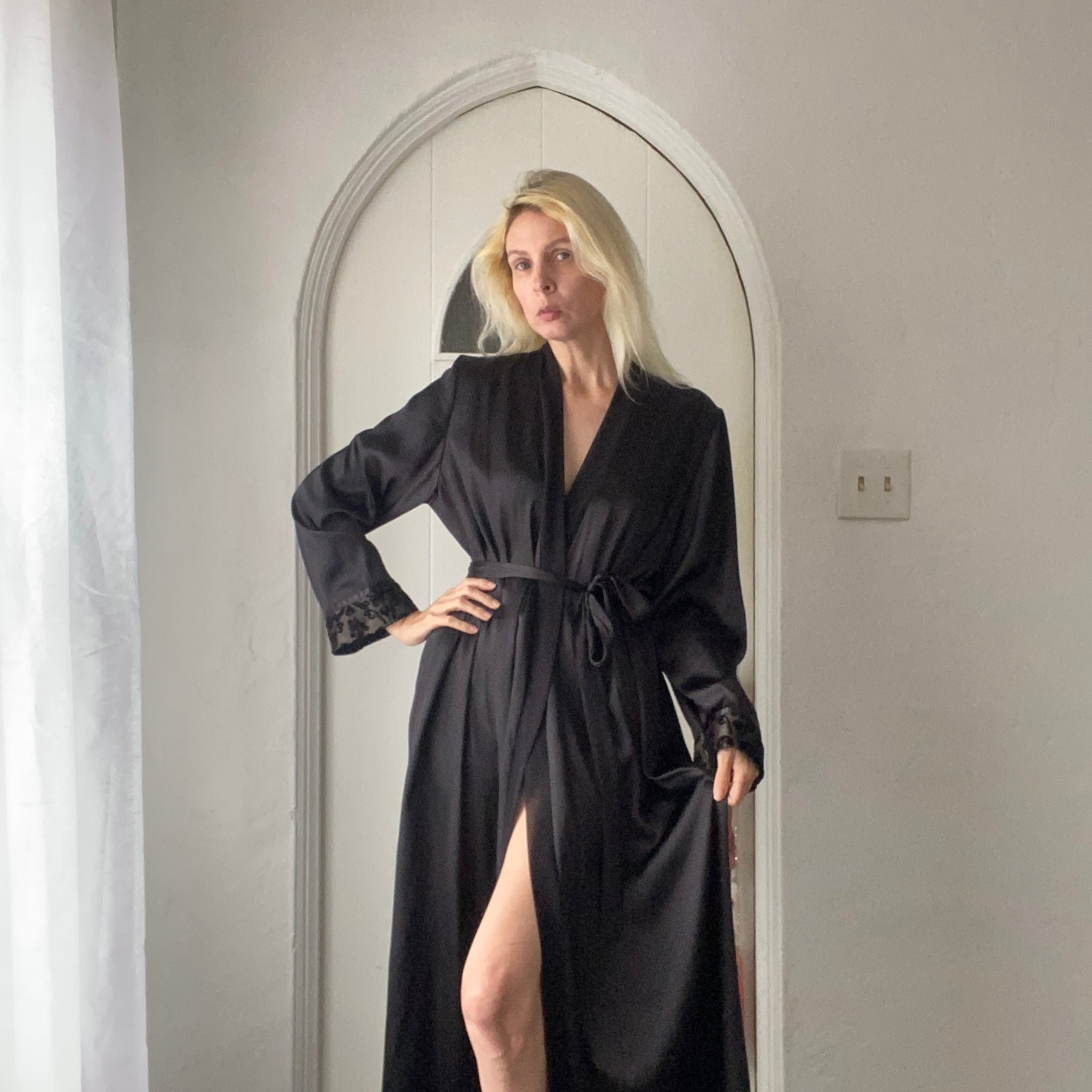Vintage 90s Black Poly Matching Belt Decorative Cuff Wrap Maxi Robe L/XL