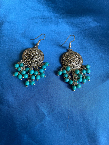 Silver Tone Faux Turquoise Beaded Boho Pierced Earrings