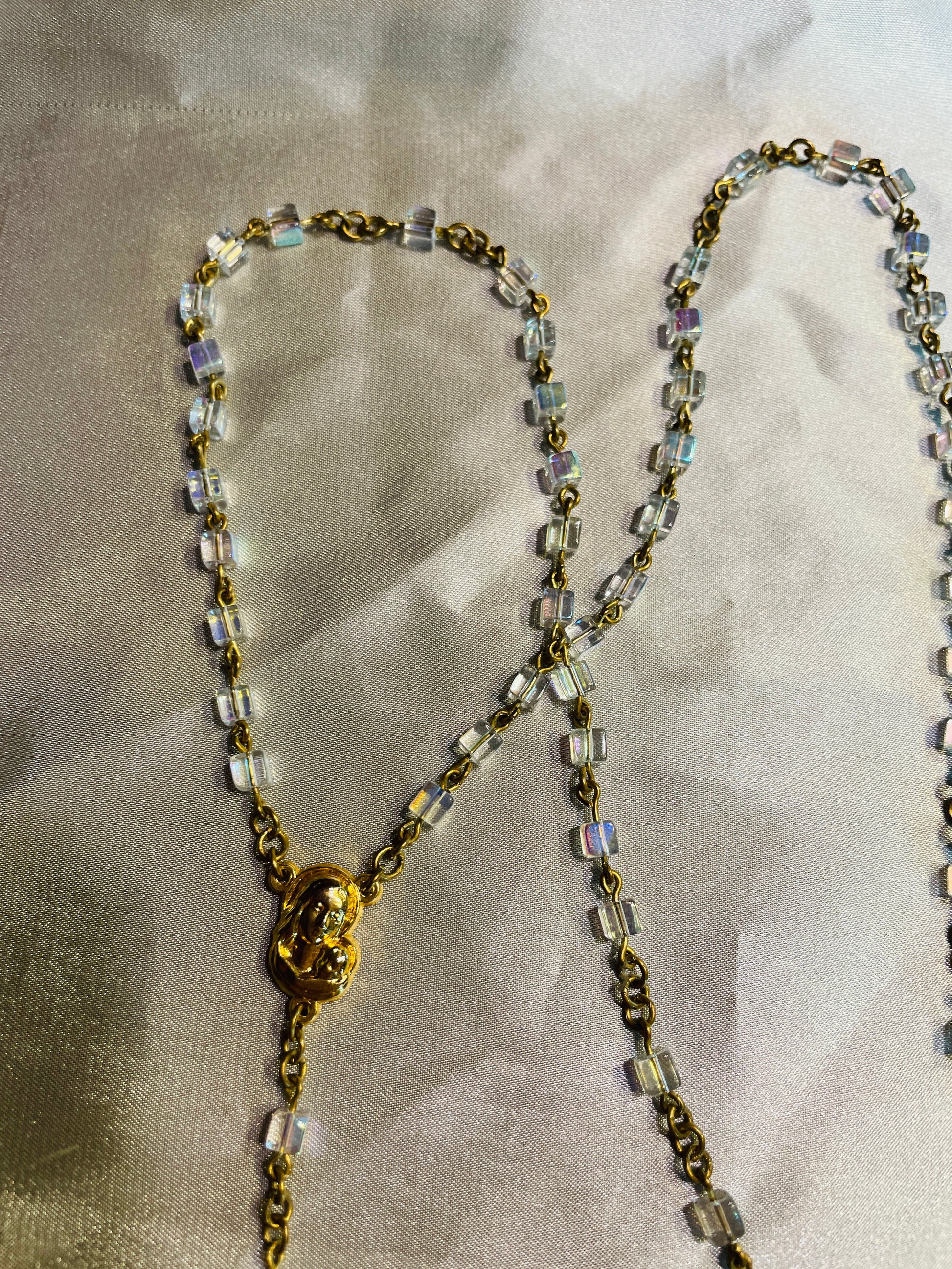  80s Vintage Gold Tone Italy AB Glass Vintage Rosary Necklace