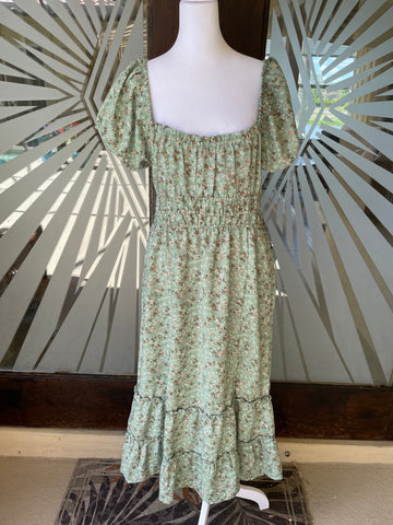 Green Brown Floral Poly Tiered Puff Sleeve Ruffled Boho Midi Dress Lg/XL