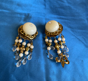 80s Vintage Brass Tone Dangling Beaded Clip Earrings