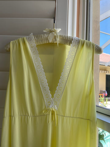 90s Striking Yellow Bow Accent Nylon Sleeveless Lingerie Maxi Gown M