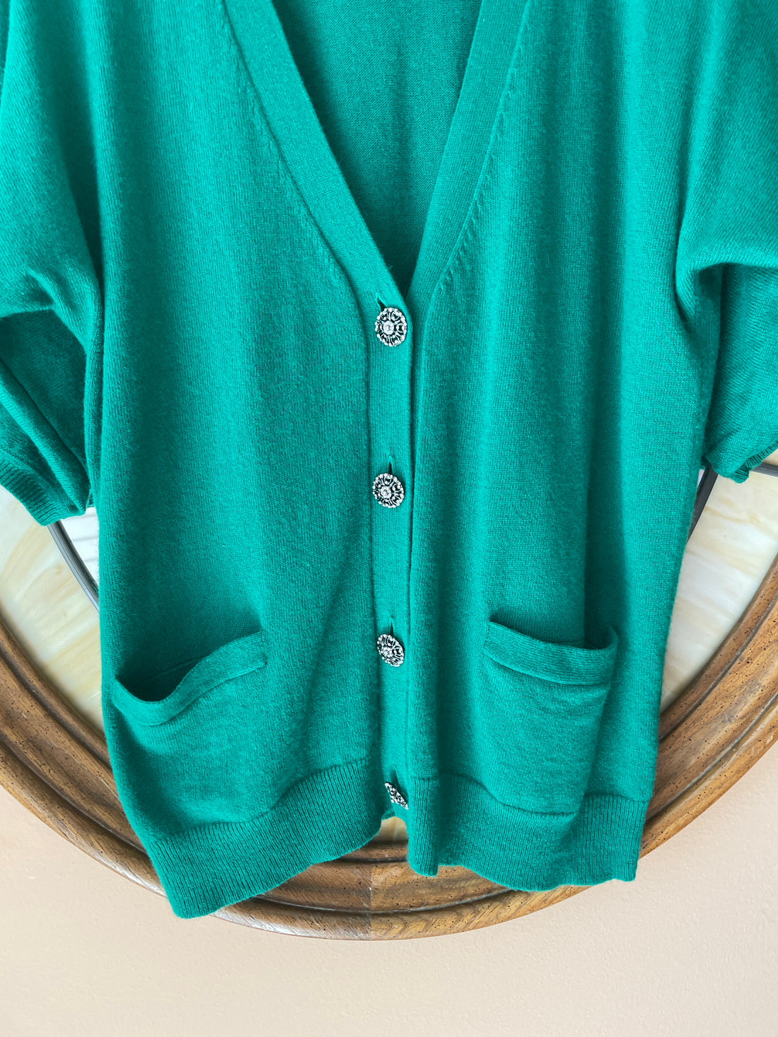 80s Vintage Green Cotton Blend Button Front Short Sleeve Cardigan Sweater Top M