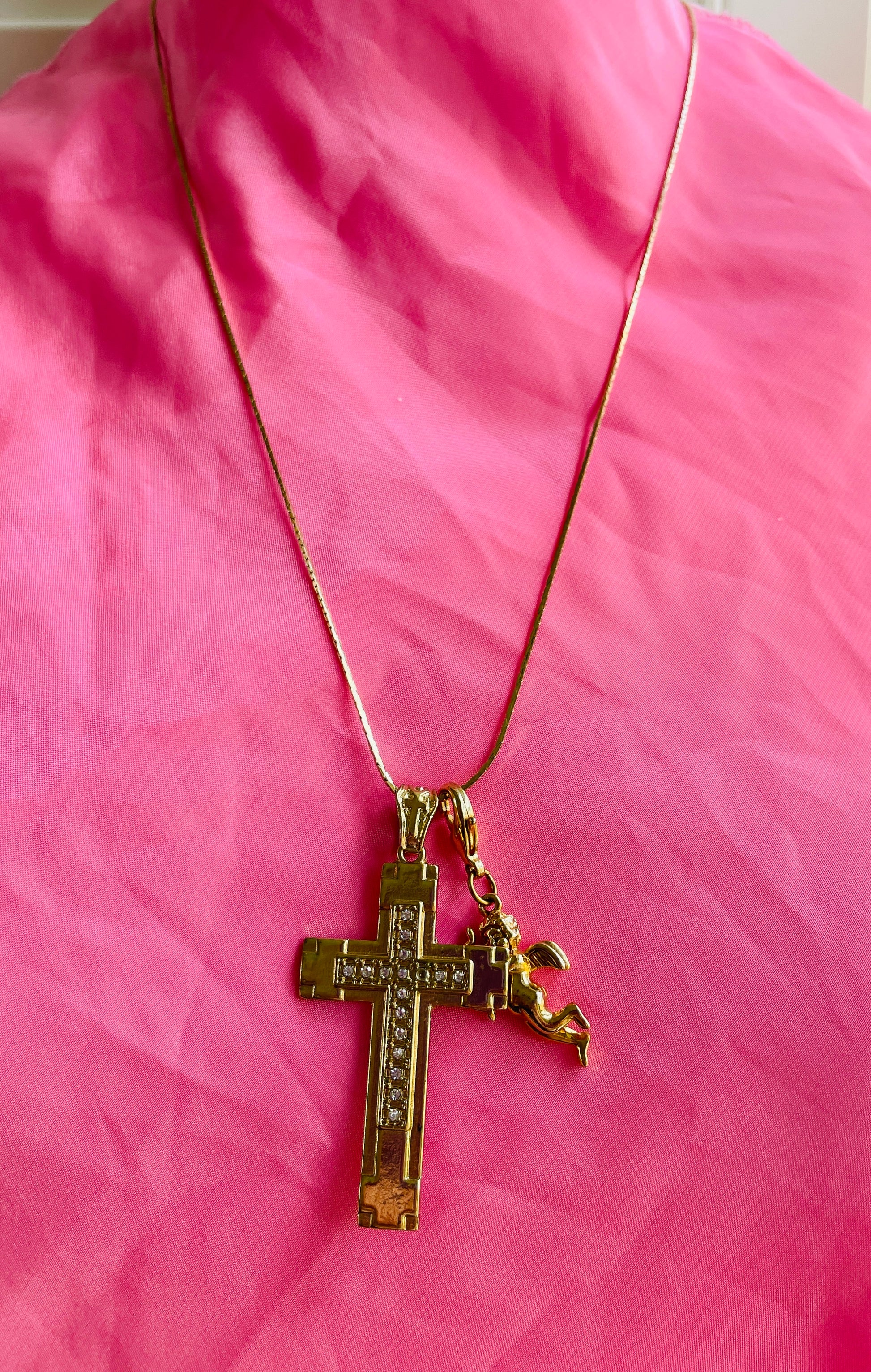  90s Gold Tone Chain Cross & Cherub Pendant Necklace