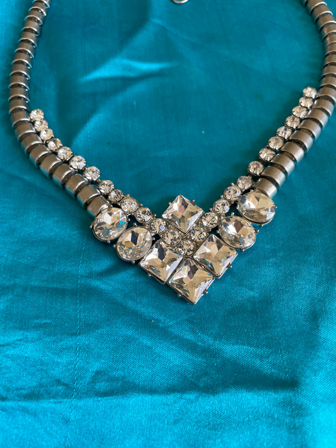 90s Vintage Banana Republic Silver Tone Box Chain Rhinestone Necklace