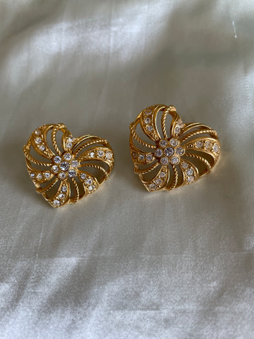 Sparkly Gold Tone Rhinestone 2000s Pierced Earrings