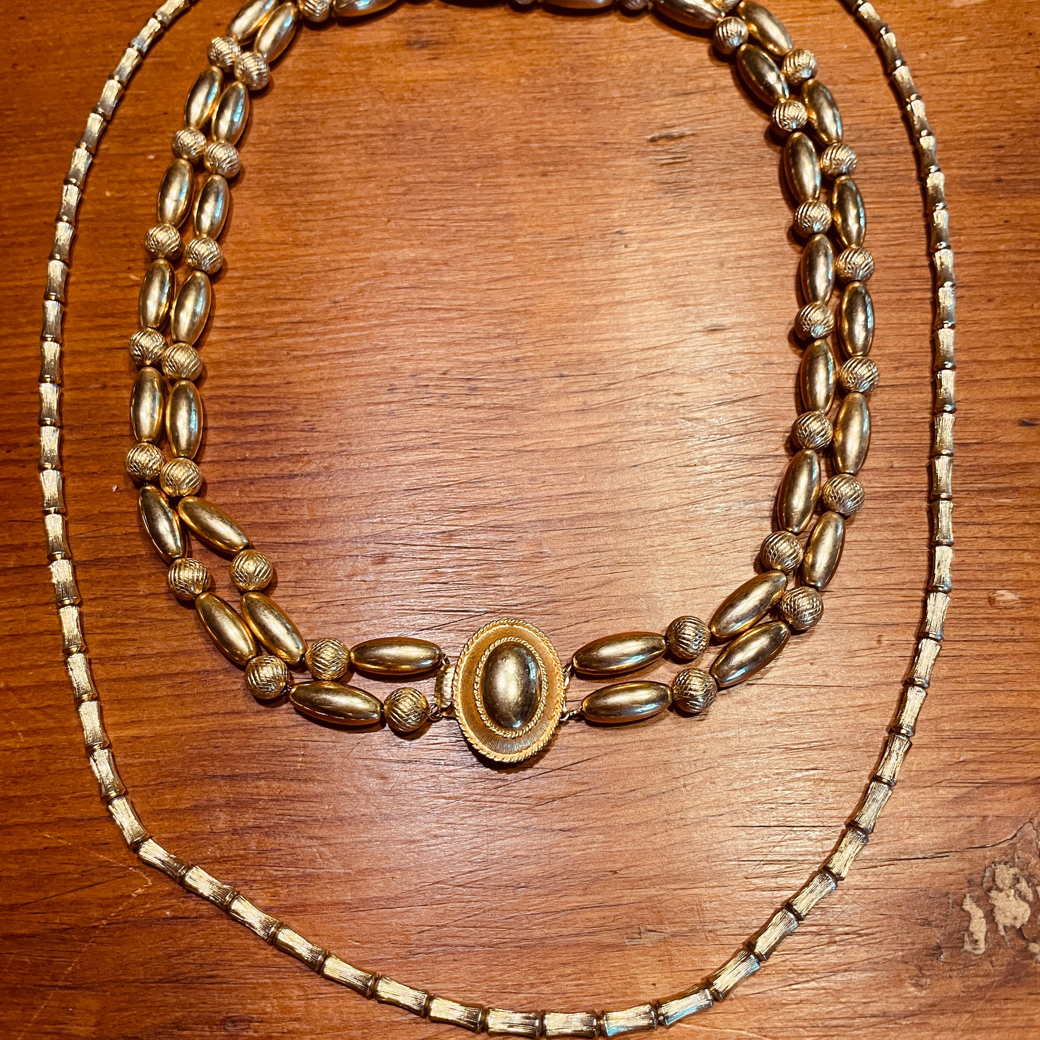 80s 2 Gold Tone Necklaces Vintage Beaded Double Strand & Tassel Chain