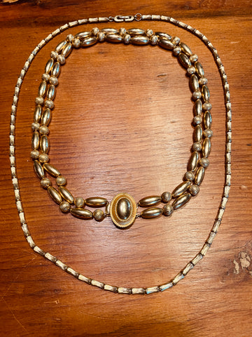 80s 2 Gold Tone Necklaces Vintage Beaded Double Strand & Tassel Chain