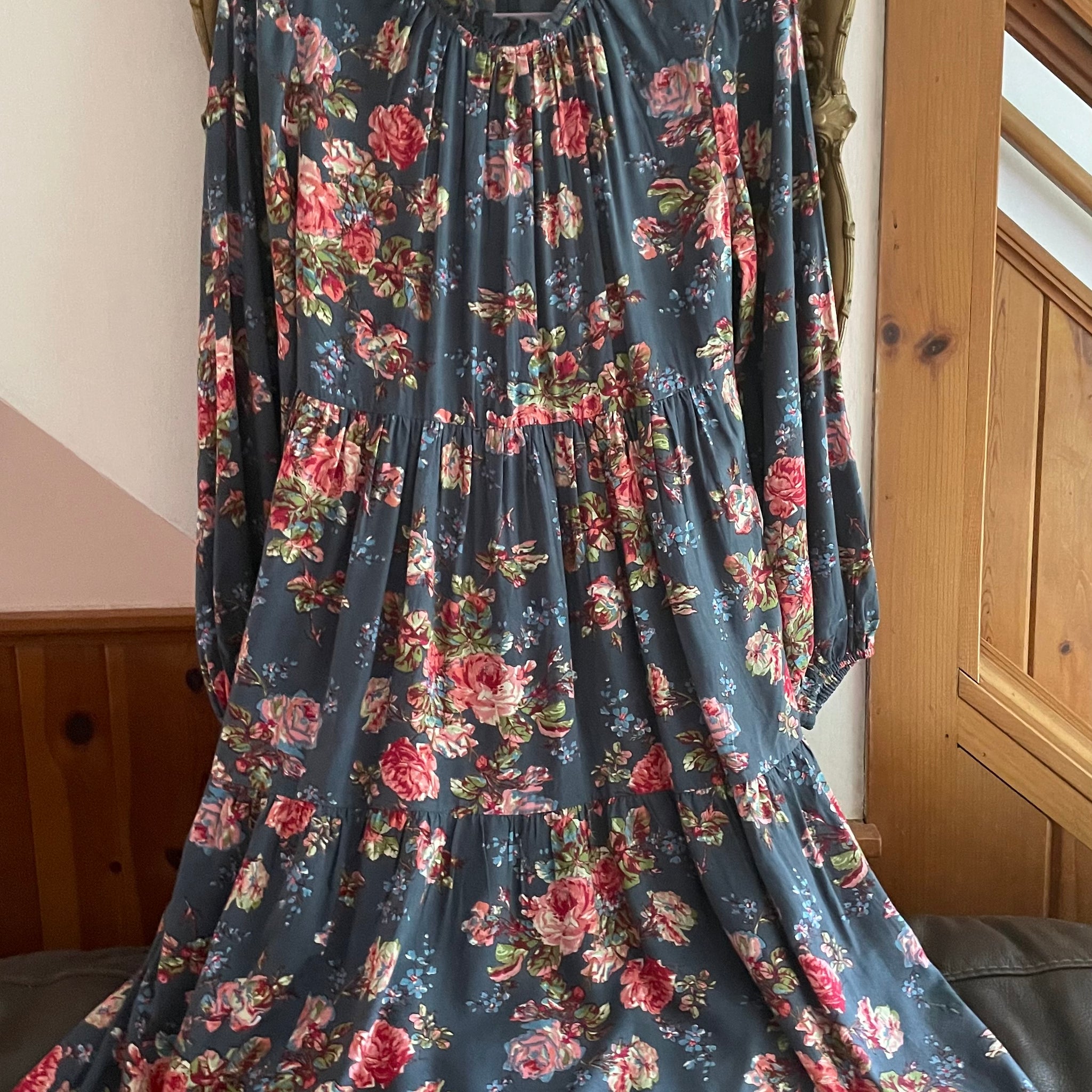 2000s April Cornell Floral Tiered Ruffle Collar Pockets Dress S/M