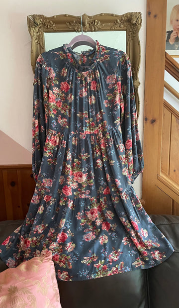 2000s April Cornell Floral Tiered Ruffle Collar Pockets Dress S/M